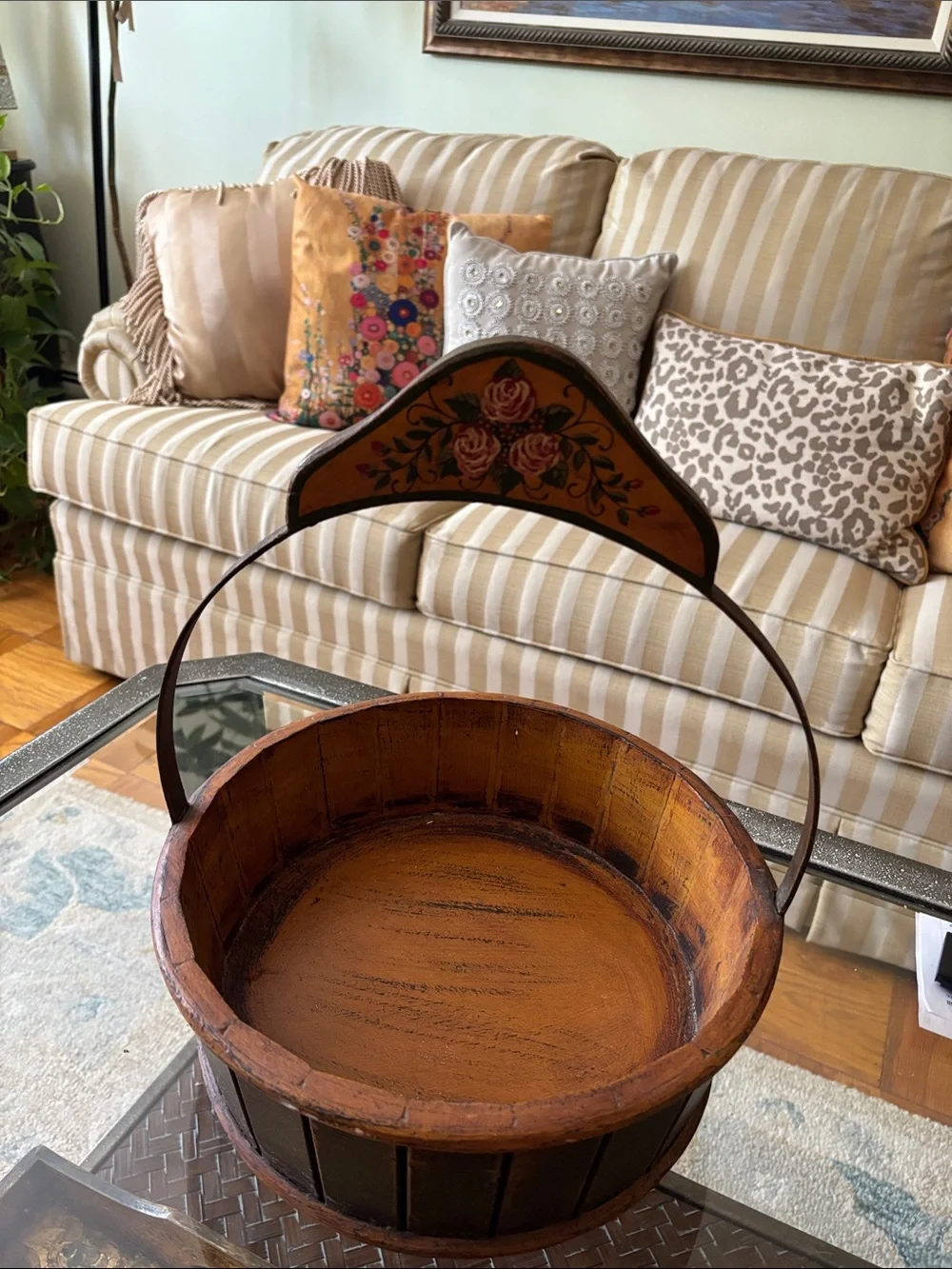 Vintage, Hand-Painted Rustic Orange Decorative Basket with Floral Accent